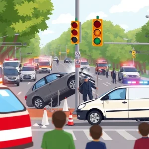 Scene depicting a car crash into a traffic pole in Shreveport.