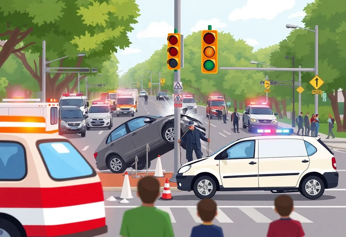 Scene depicting a car crash into a traffic pole in Shreveport.