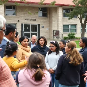 Parents discussing child safety outside a school