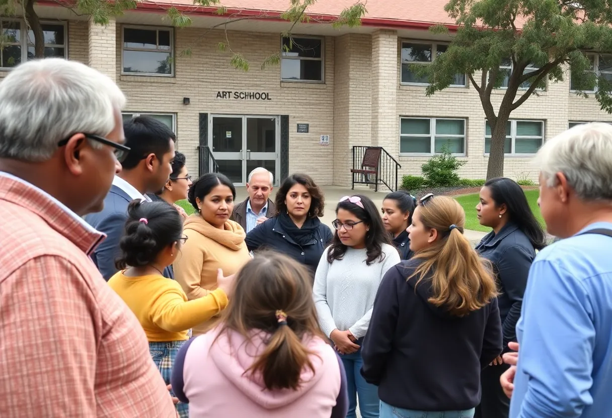 Parents discussing child safety outside a school