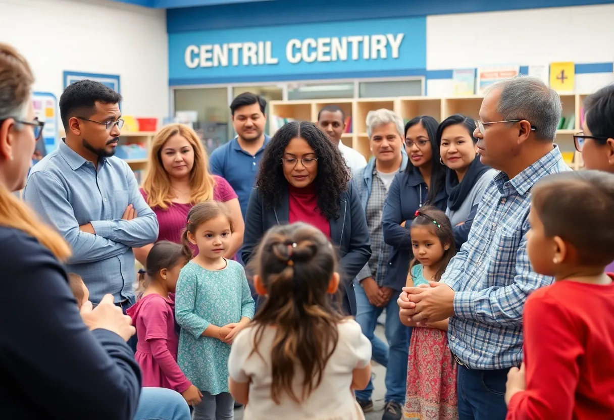 Community members engaged in a discussion about child safety at an early childhood education center.