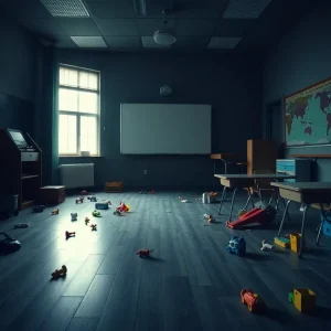 Empty classroom with toys, highlighting neglect in school safety