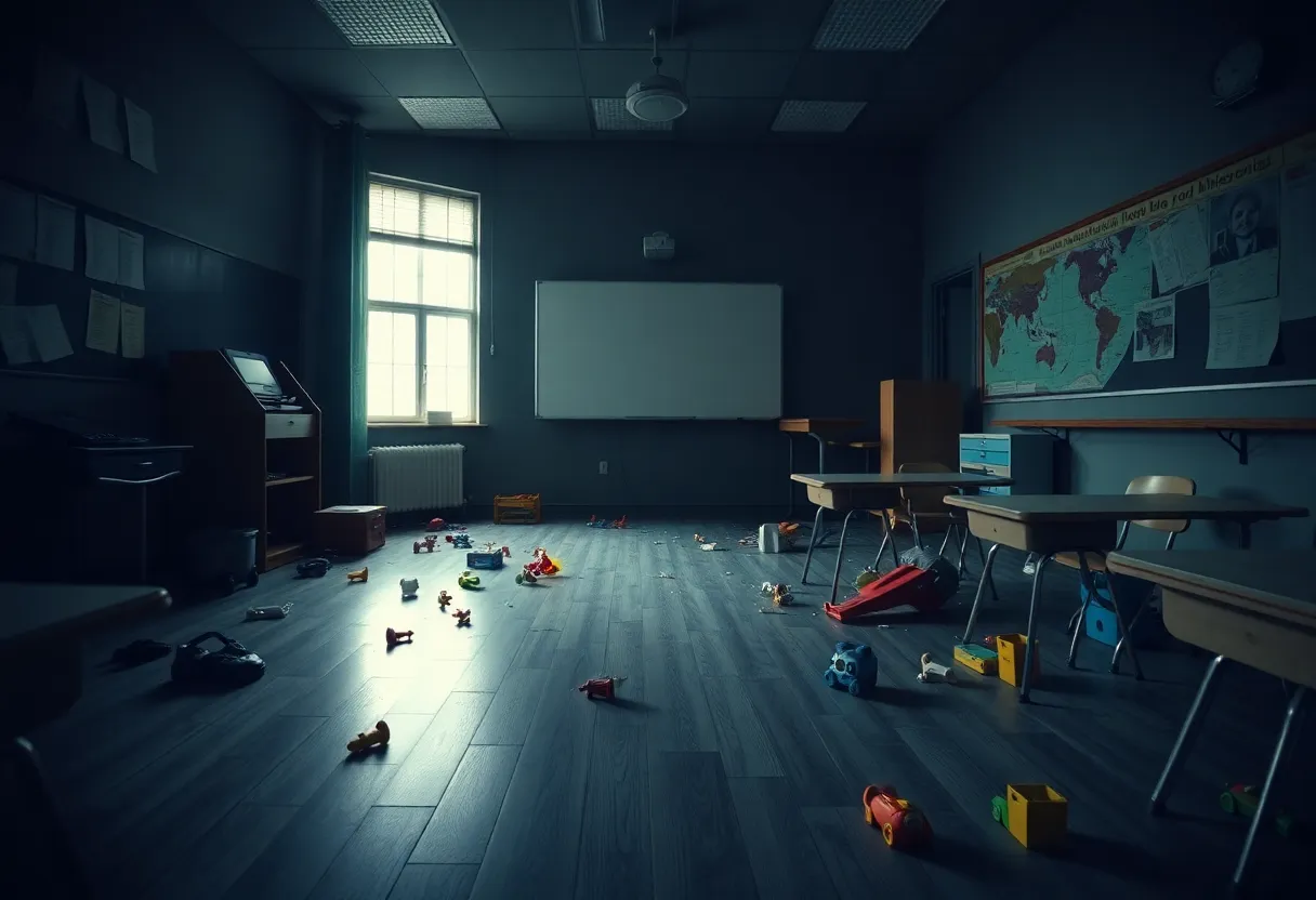 Empty classroom with toys, highlighting neglect in school safety