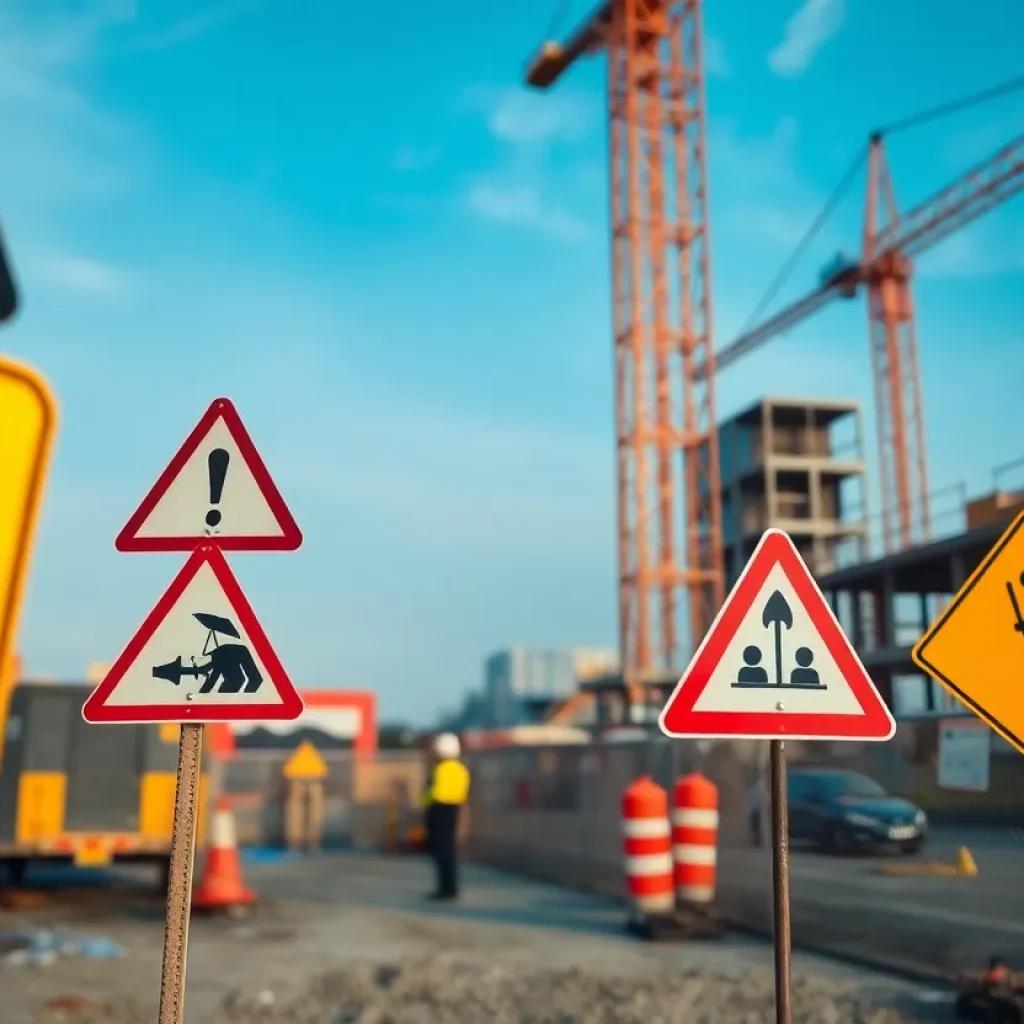 Construction site showcasing safety signs and equipment