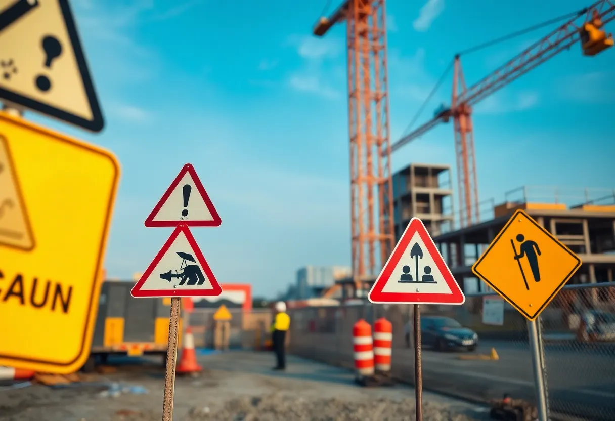 Construction site showcasing safety signs and equipment