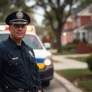 Police officer in a neighborhood promoting safety and support for domestic violence victims