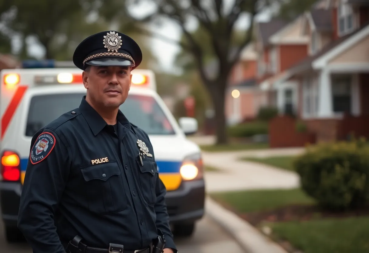 Police officer in a neighborhood promoting safety and support for domestic violence victims