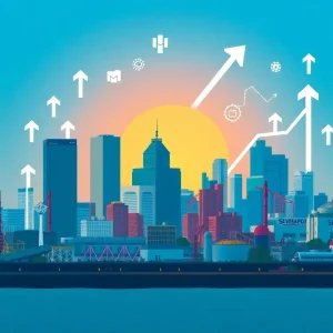 Illustration of Shreveport skyline with symbols of economic growth