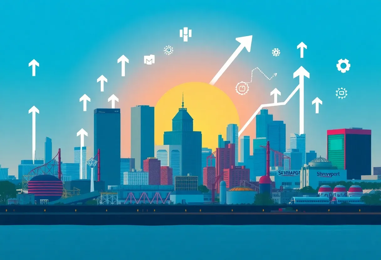 Illustration of Shreveport skyline with symbols of economic growth