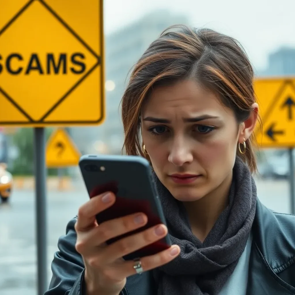 Person looking at phone with concern in the rain