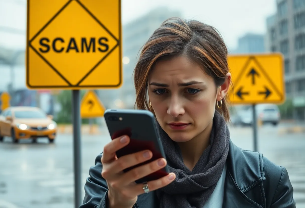 Person looking at phone with concern in the rain