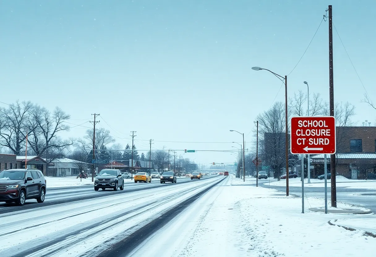 Icy conditions in Shreveport with school closure signs