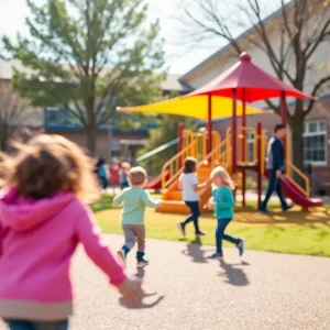 Playground at Shreveport school with children playing safely.