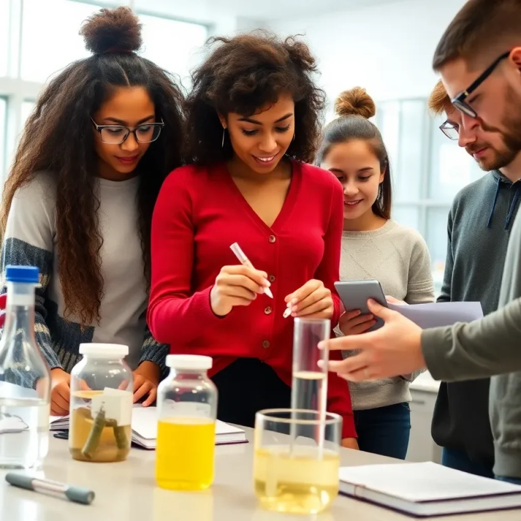 High school students collaborating in a science lab for the SMART Program