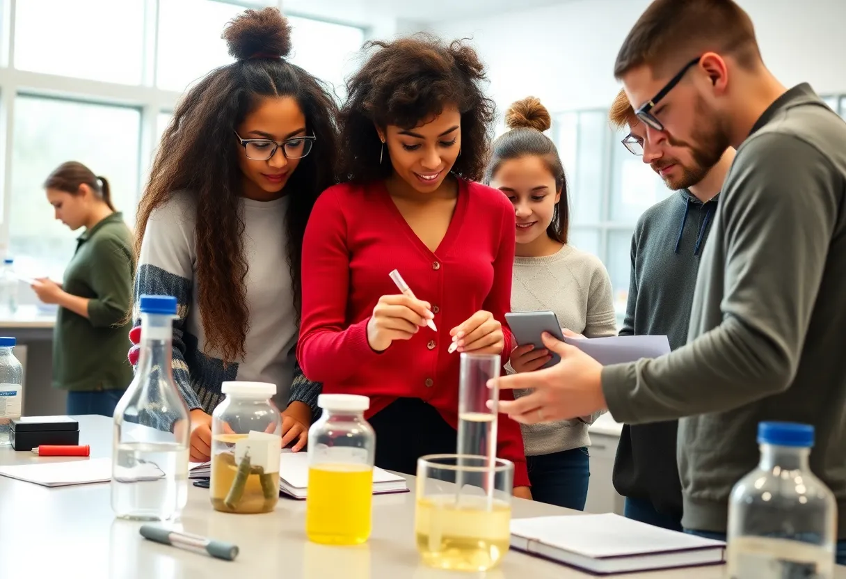 High school students collaborating in a science lab for the SMART Program