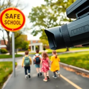 Children walking in a school zone with a speed camera in view