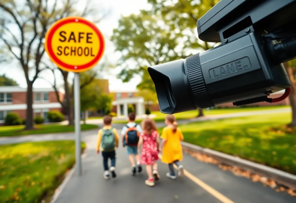 Children walking in a school zone with a speed camera in view