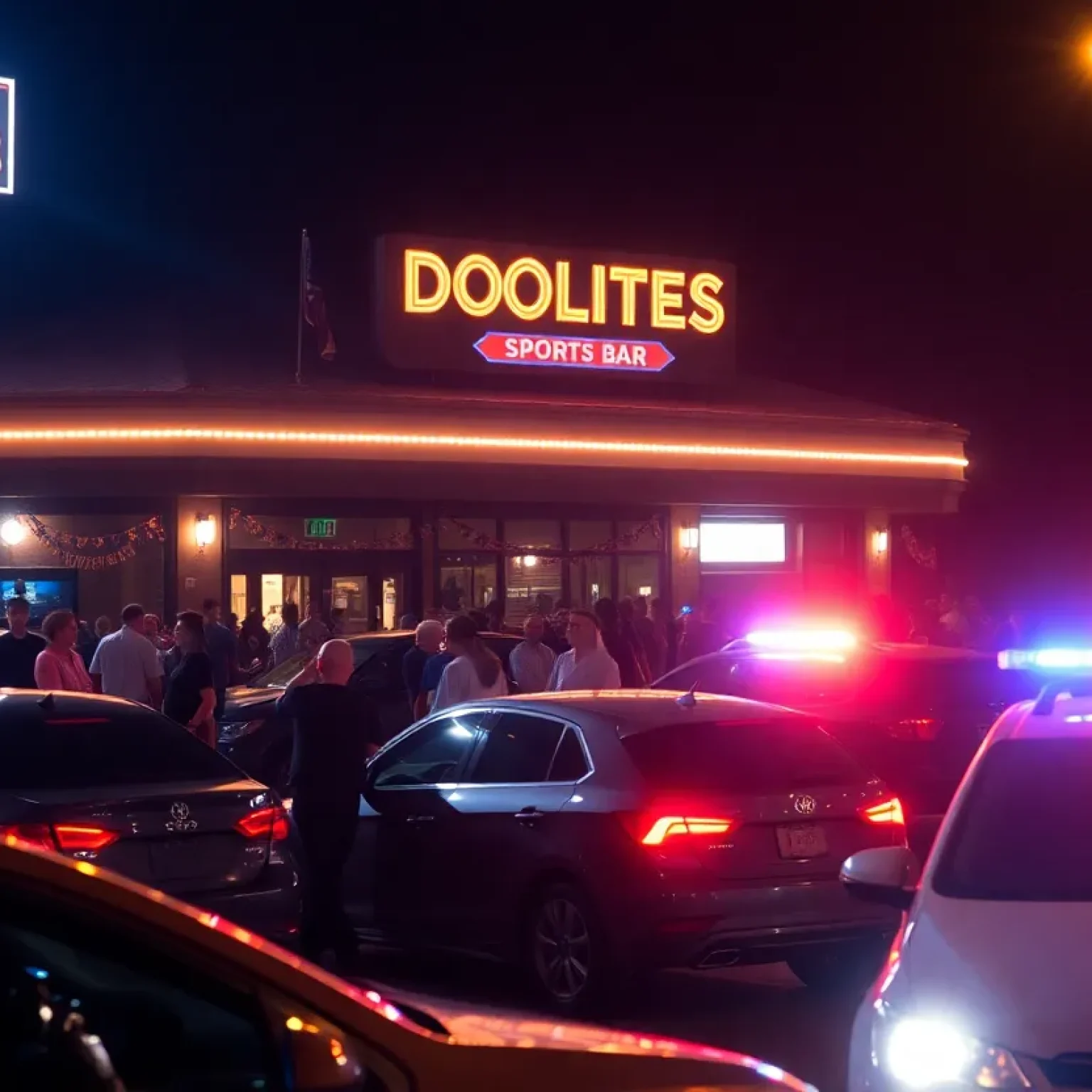 Emergency lights illuminating a sports bar scene at night