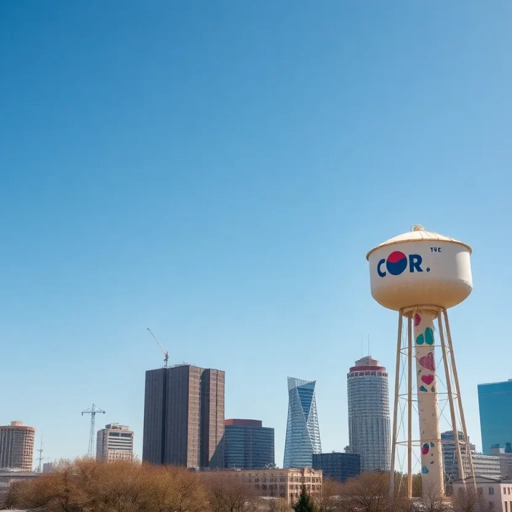 Artistic water towers in Shreveport with skyline background