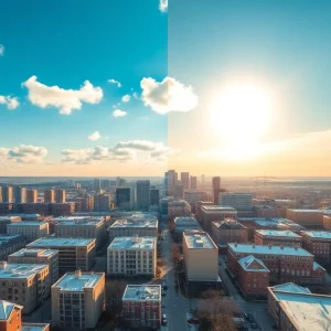 A collage depicting warm sunny weather and snowy conditions in Shreveport.