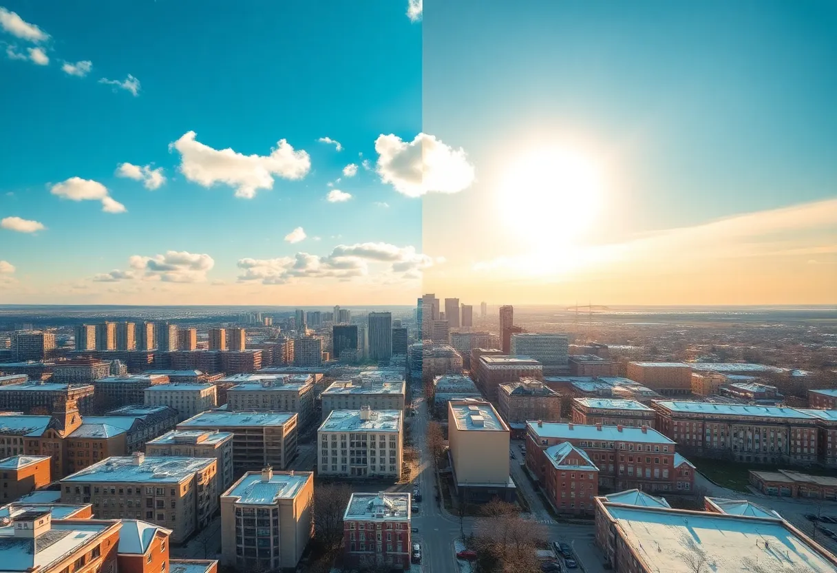 A collage depicting warm sunny weather and snowy conditions in Shreveport.