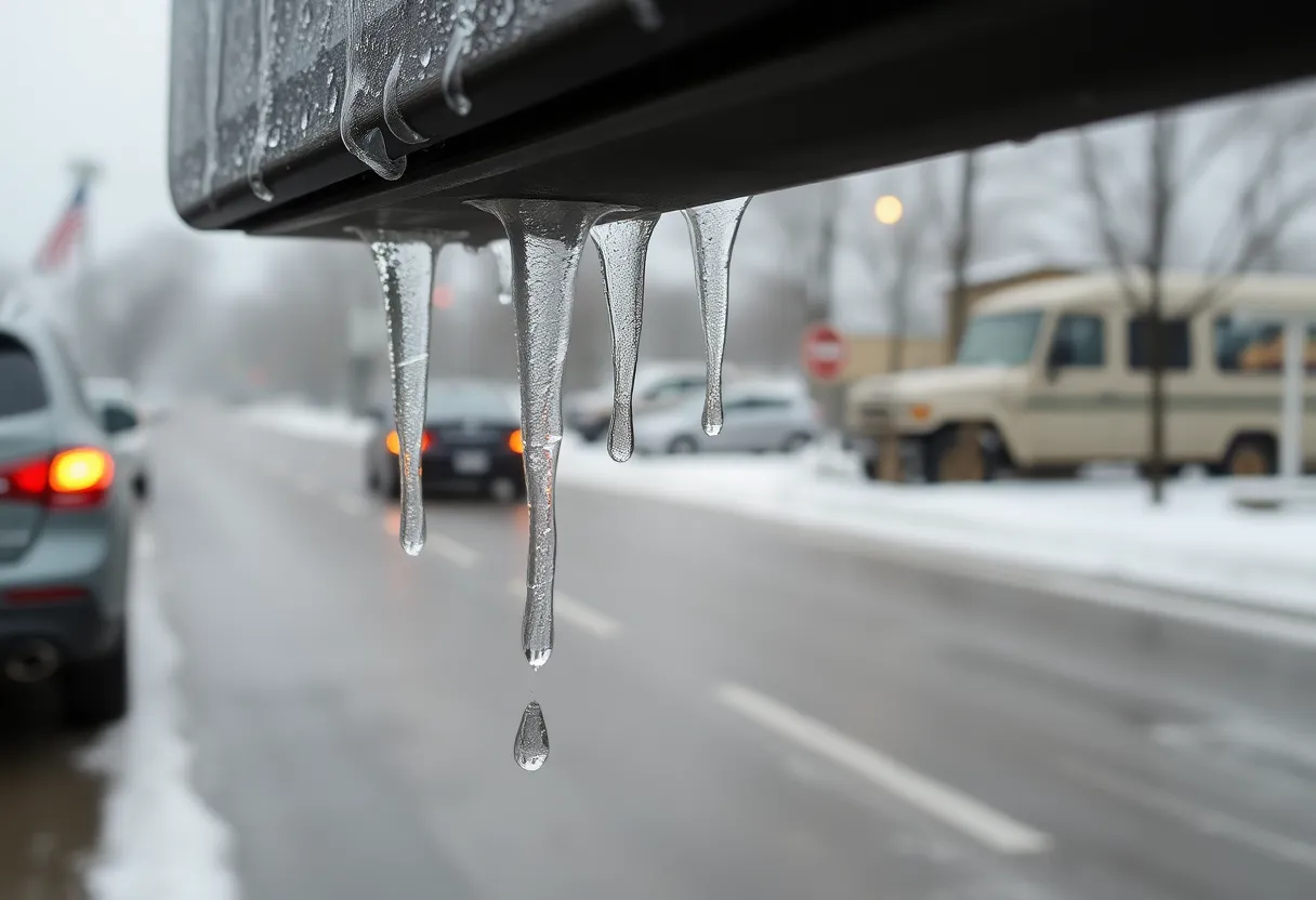 Winter weather in Shreveport with icicles and rain