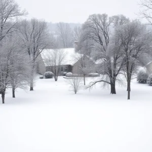 Snow-covered houses and trees in Shreveport, Louisiana