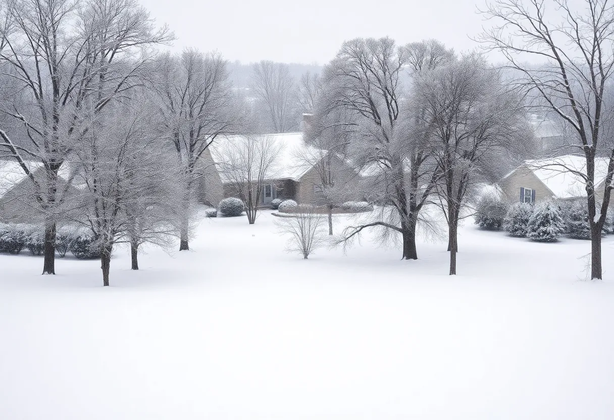 Snow-covered houses and trees in Shreveport, Louisiana