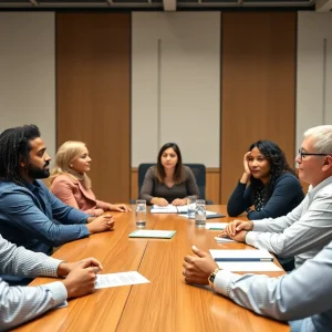 A diverse group of small business owners advocating for legislation in a conference room.