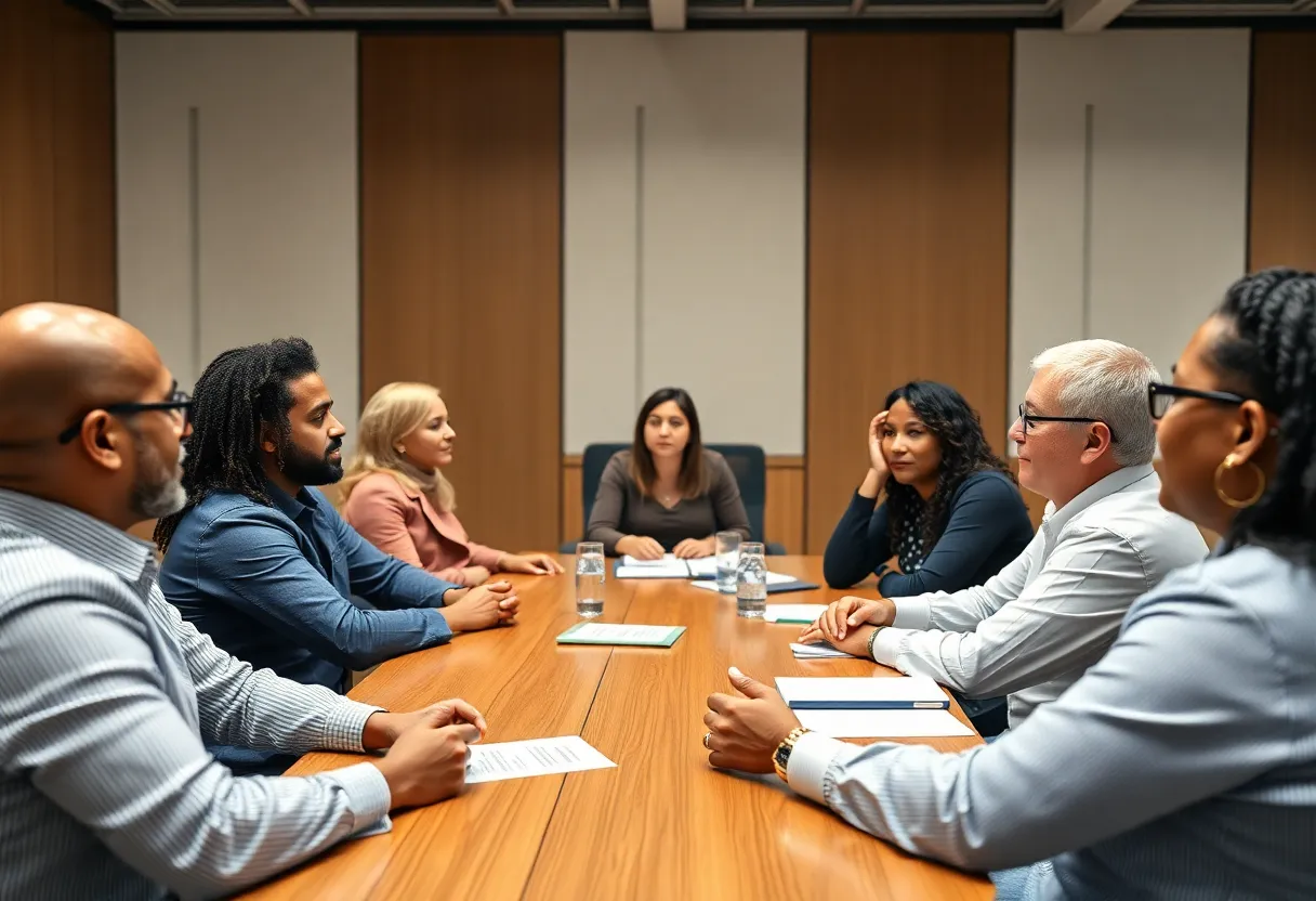 A diverse group of small business owners advocating for legislation in a conference room.