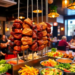 Interior view of Sonora Prime with diners enjoying Brazilian steakhouse dishes.