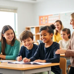 An illustration of educators and students in a classroom, showcasing the joy of learning and teaching.