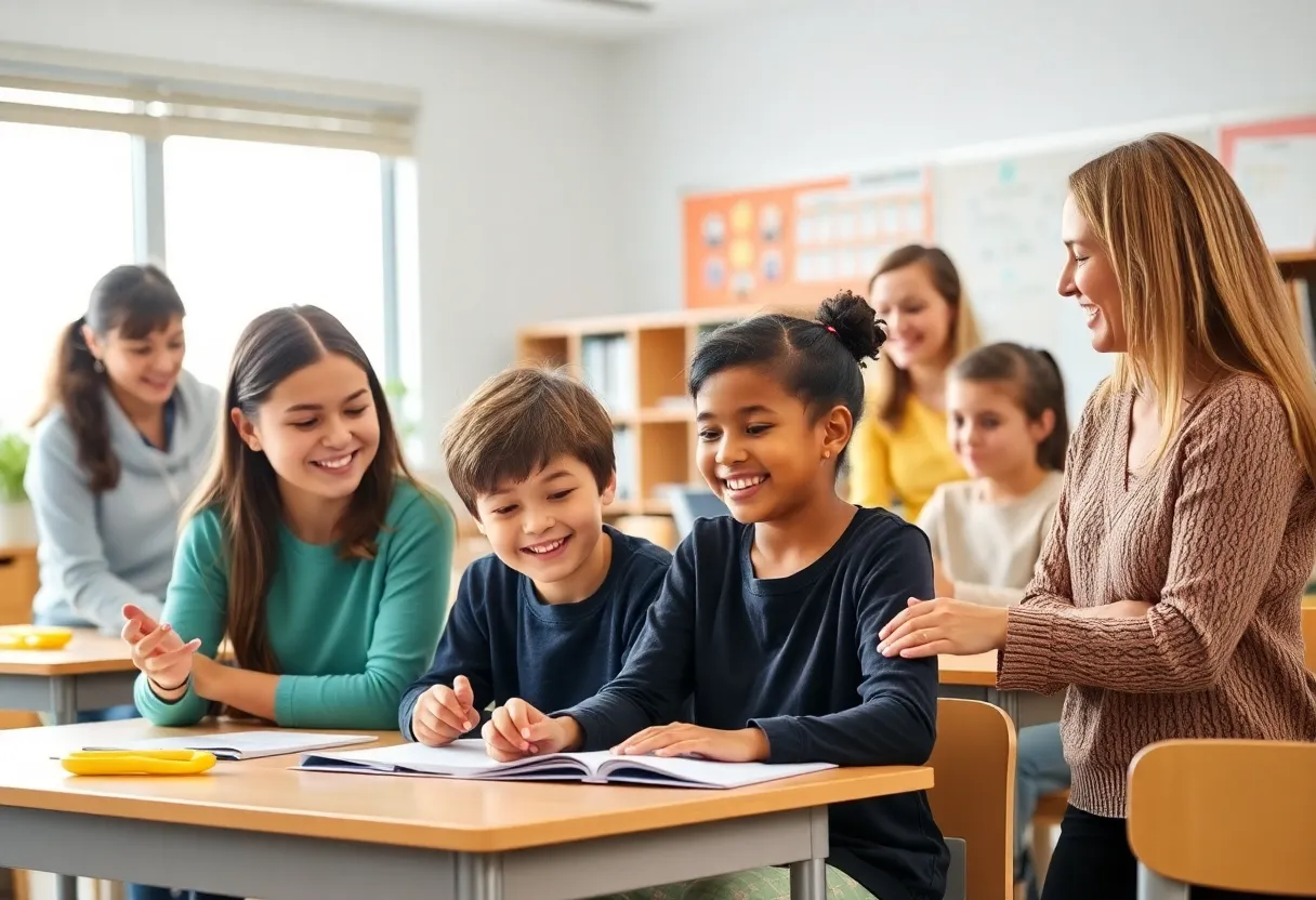 An illustration of educators and students in a classroom, showcasing the joy of learning and teaching.