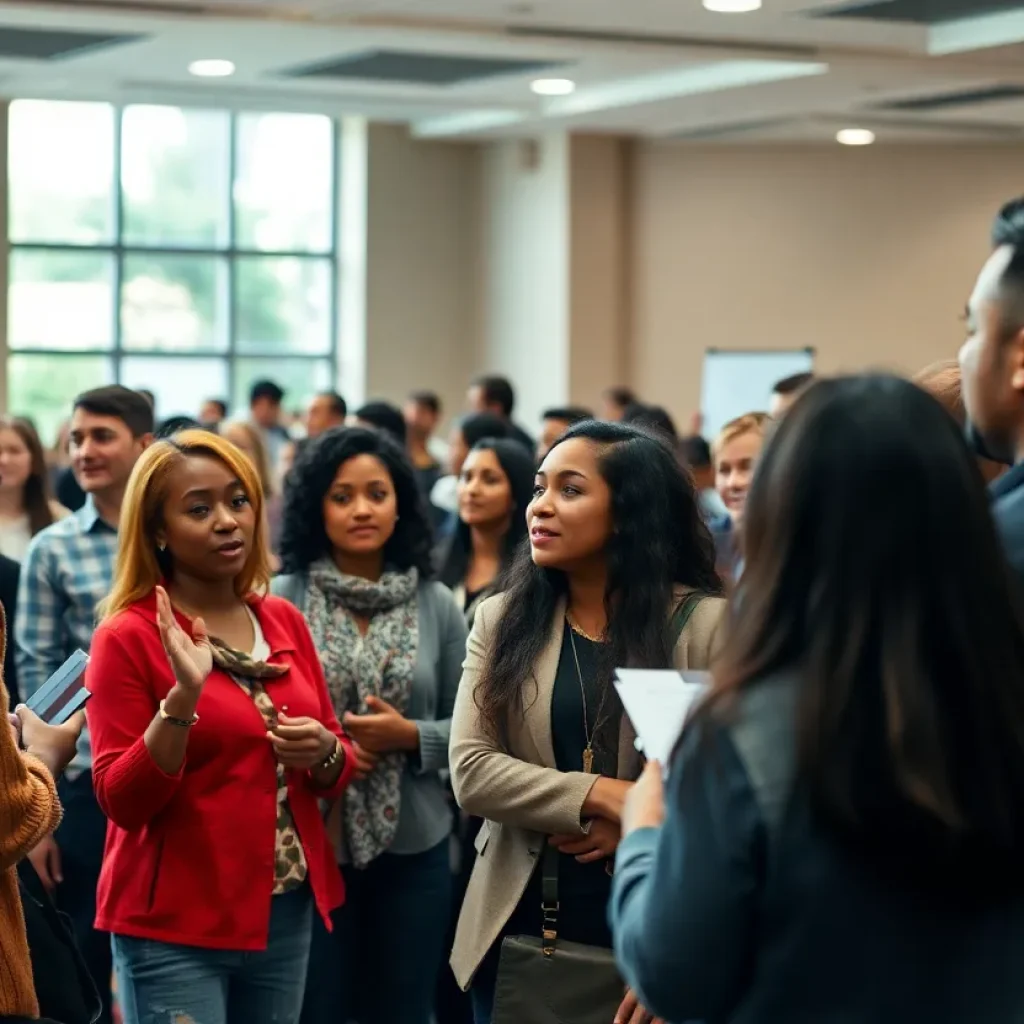 A diverse group of attendees conversing at the State of Black Shreveport Symposium.