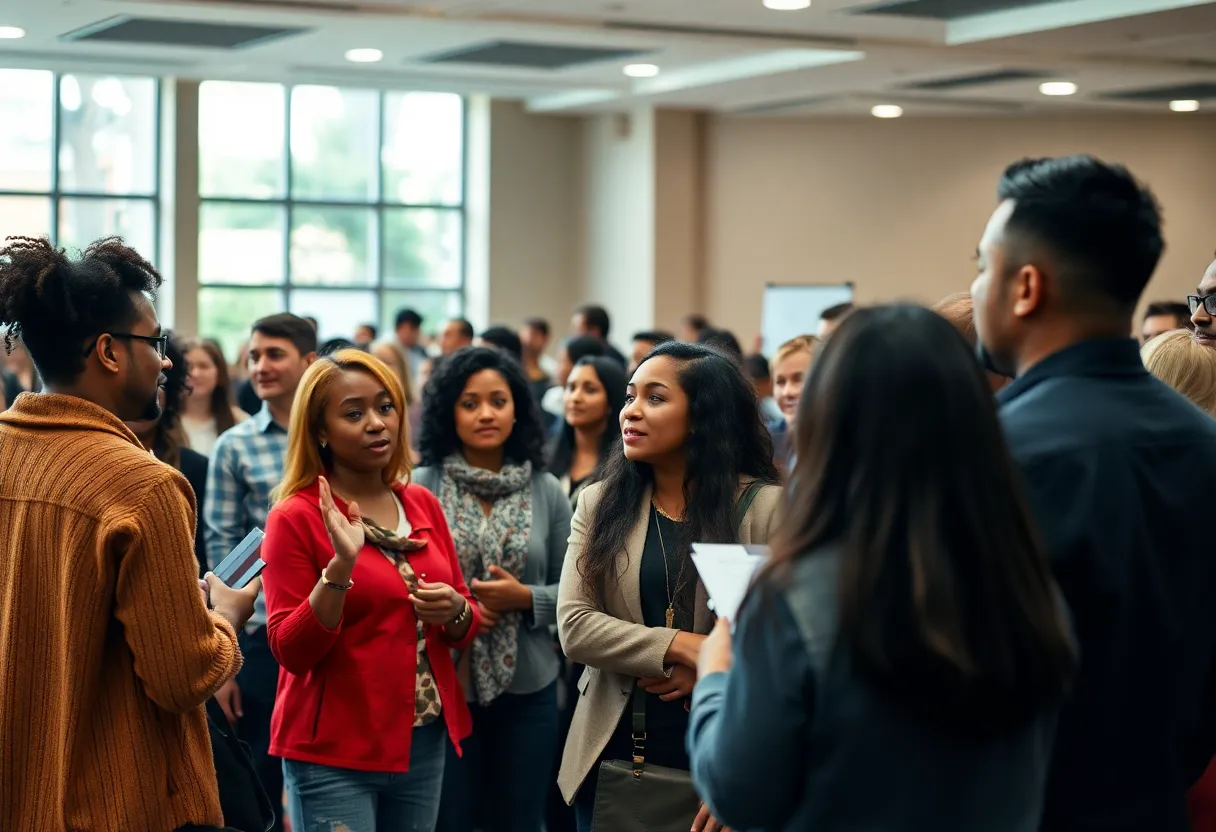 A diverse group of attendees conversing at the State of Black Shreveport Symposium.