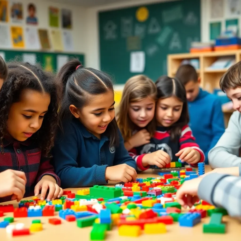 Students participating in a STEM project with colorful Legos