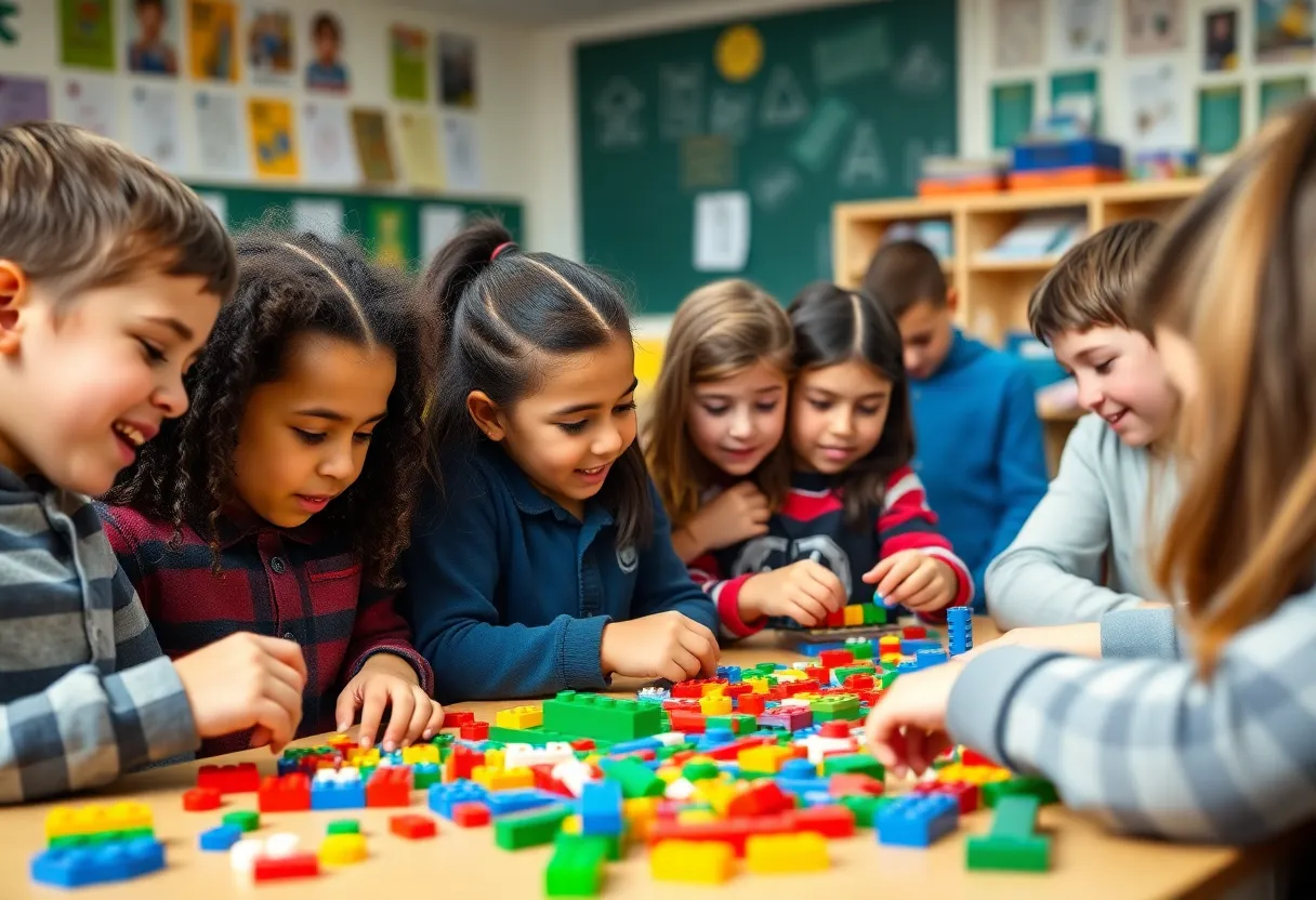 Students participating in a STEM project with colorful Legos