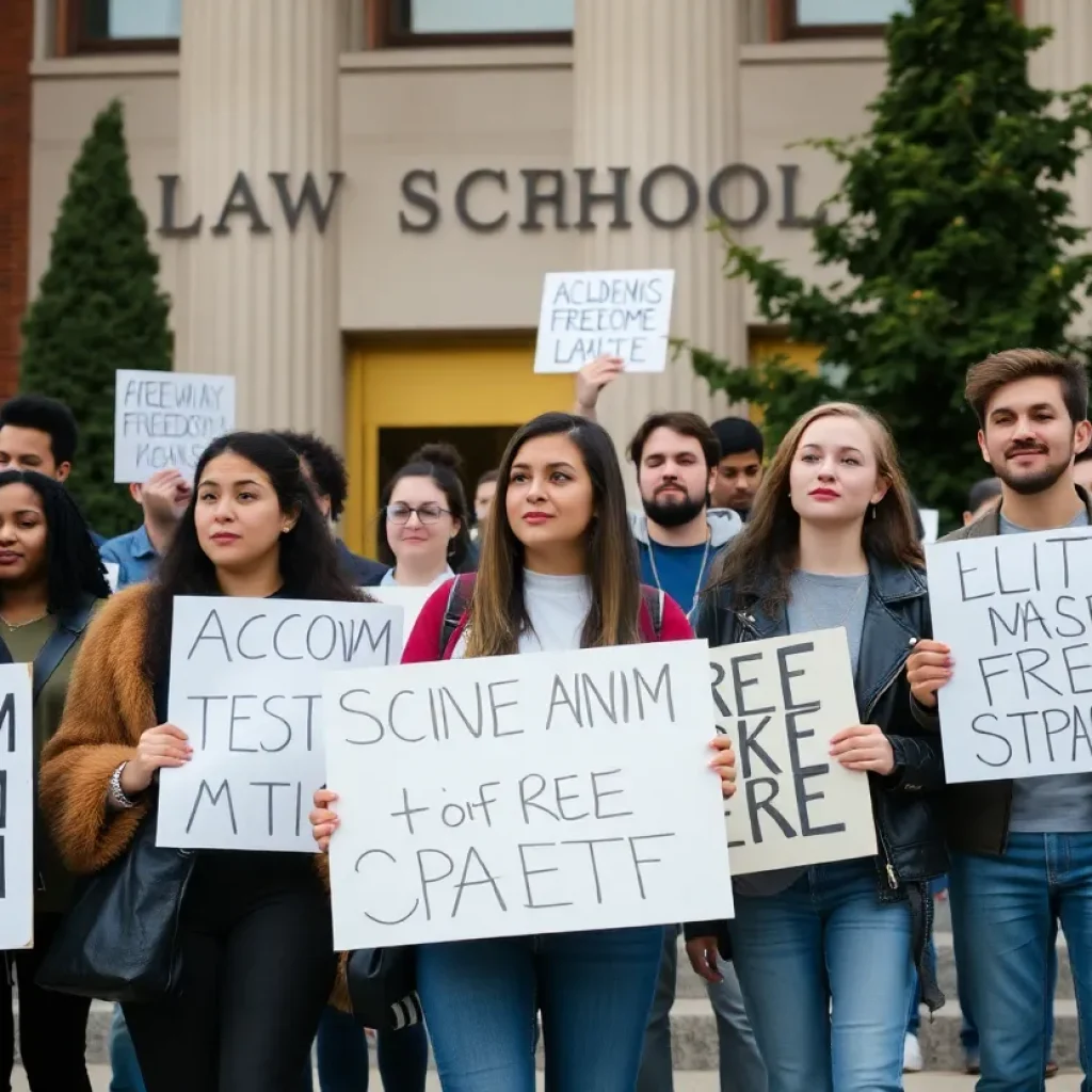 Students protesting outside LSU Law School for academic freedom