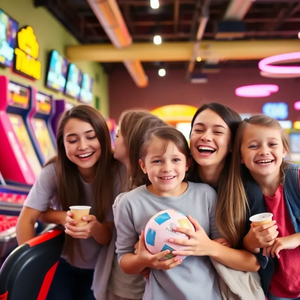 Families enjoying activities at an entertainment center