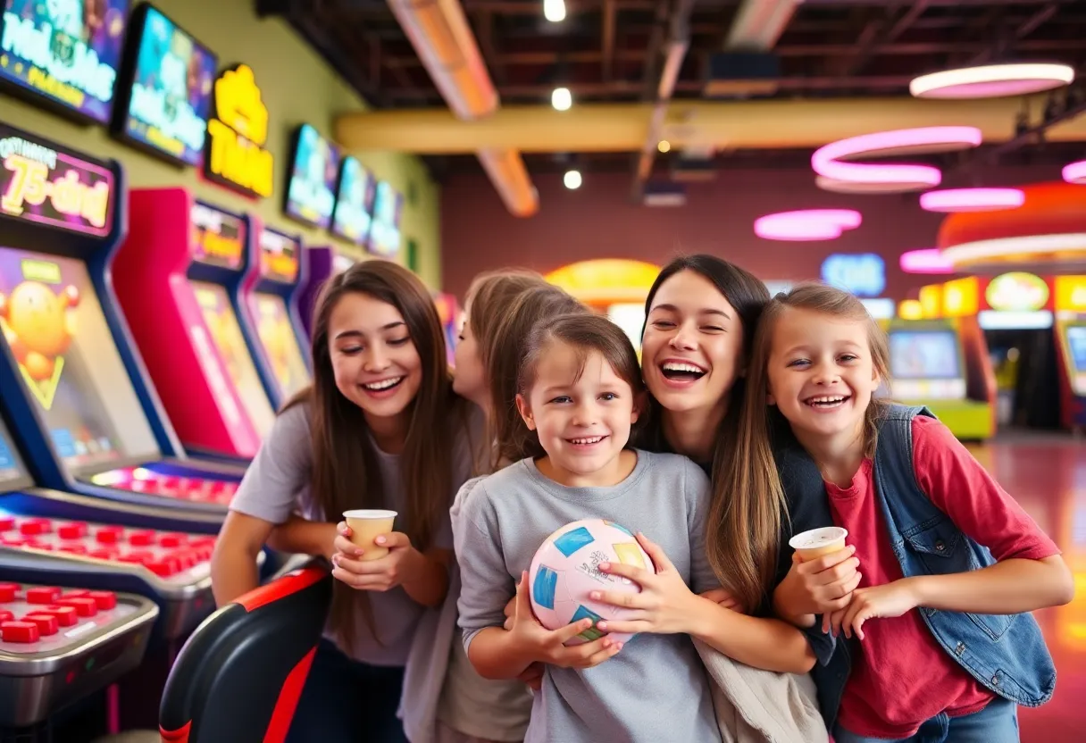 Families enjoying activities at an entertainment center