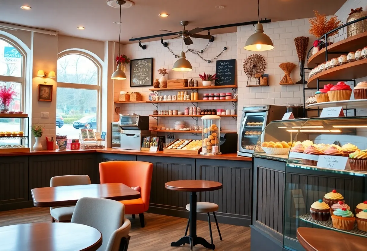 Interior of Tike's Treats and Eats Bakery showcasing cupcakes and seating area