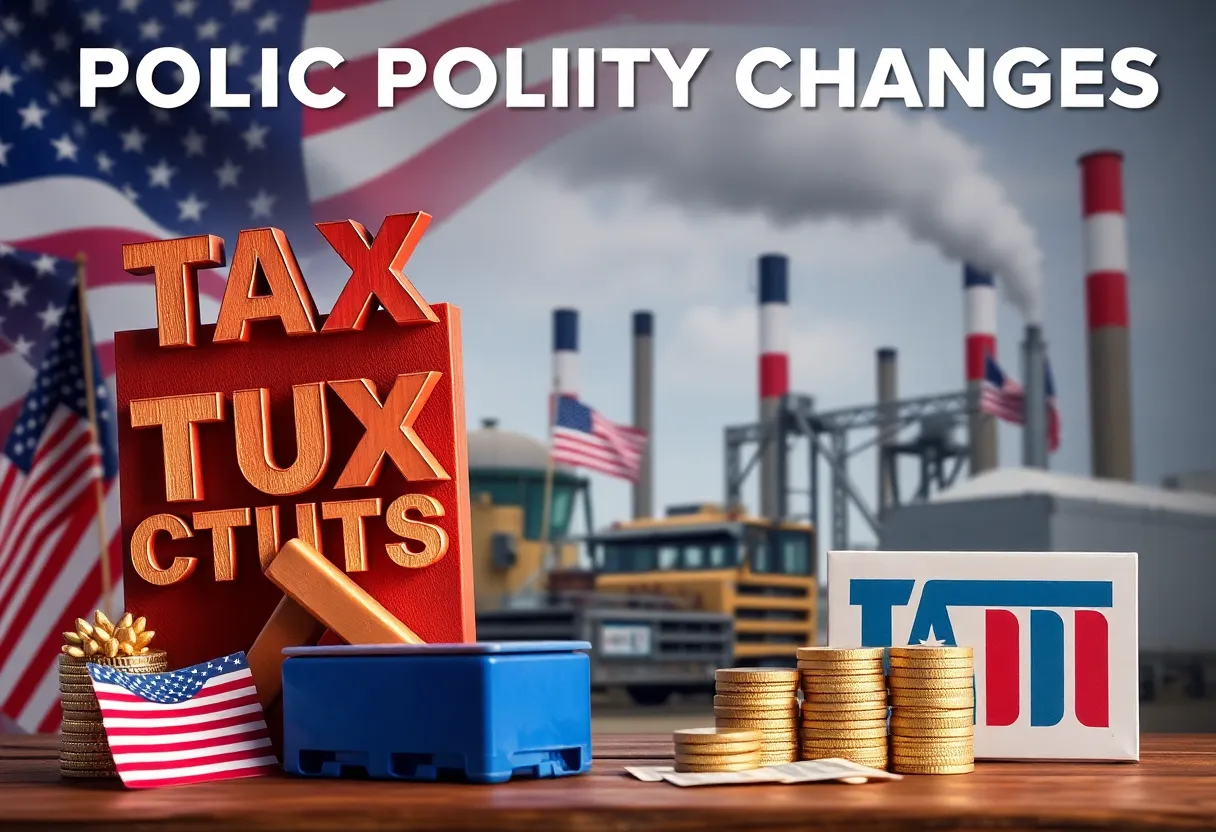 Visual representation of economic policy changes related to tax cuts and tariffs.