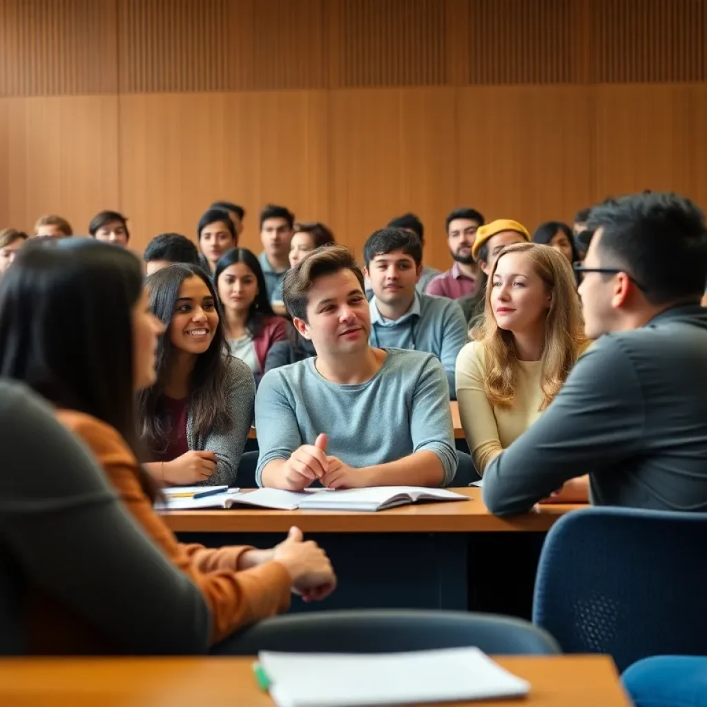 Students engaged in discussion in a university classroom