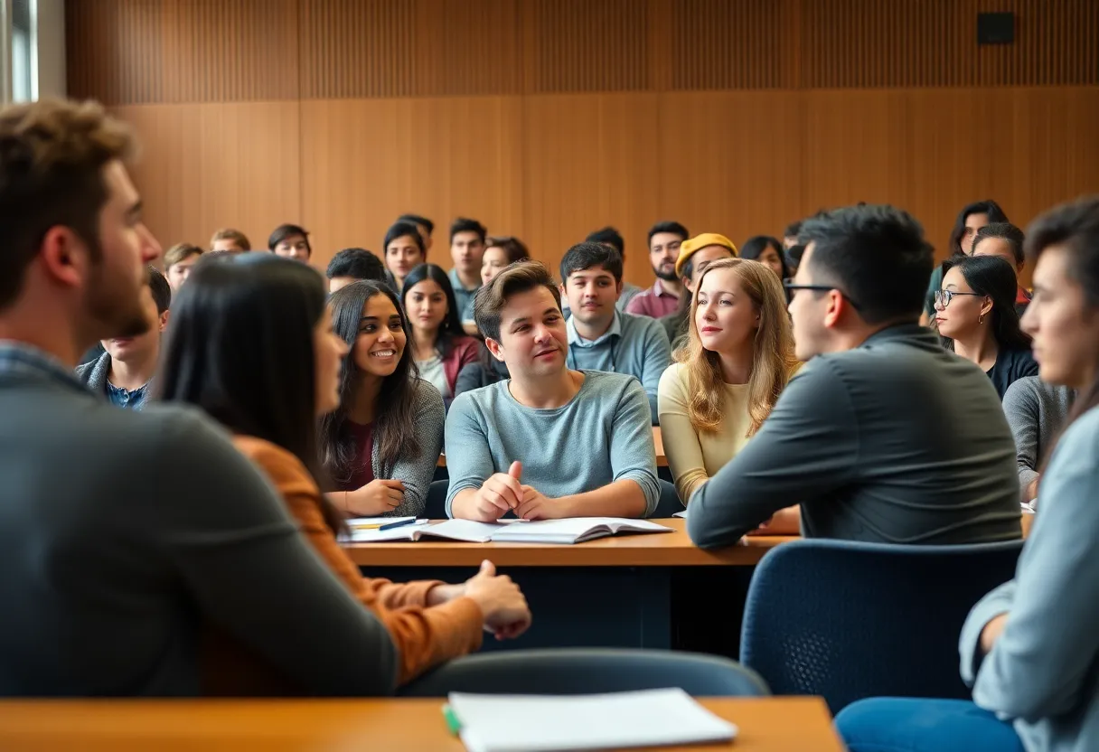 Students engaged in discussion in a university classroom