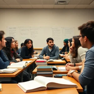 Students participating in a heated classroom debate about free speech