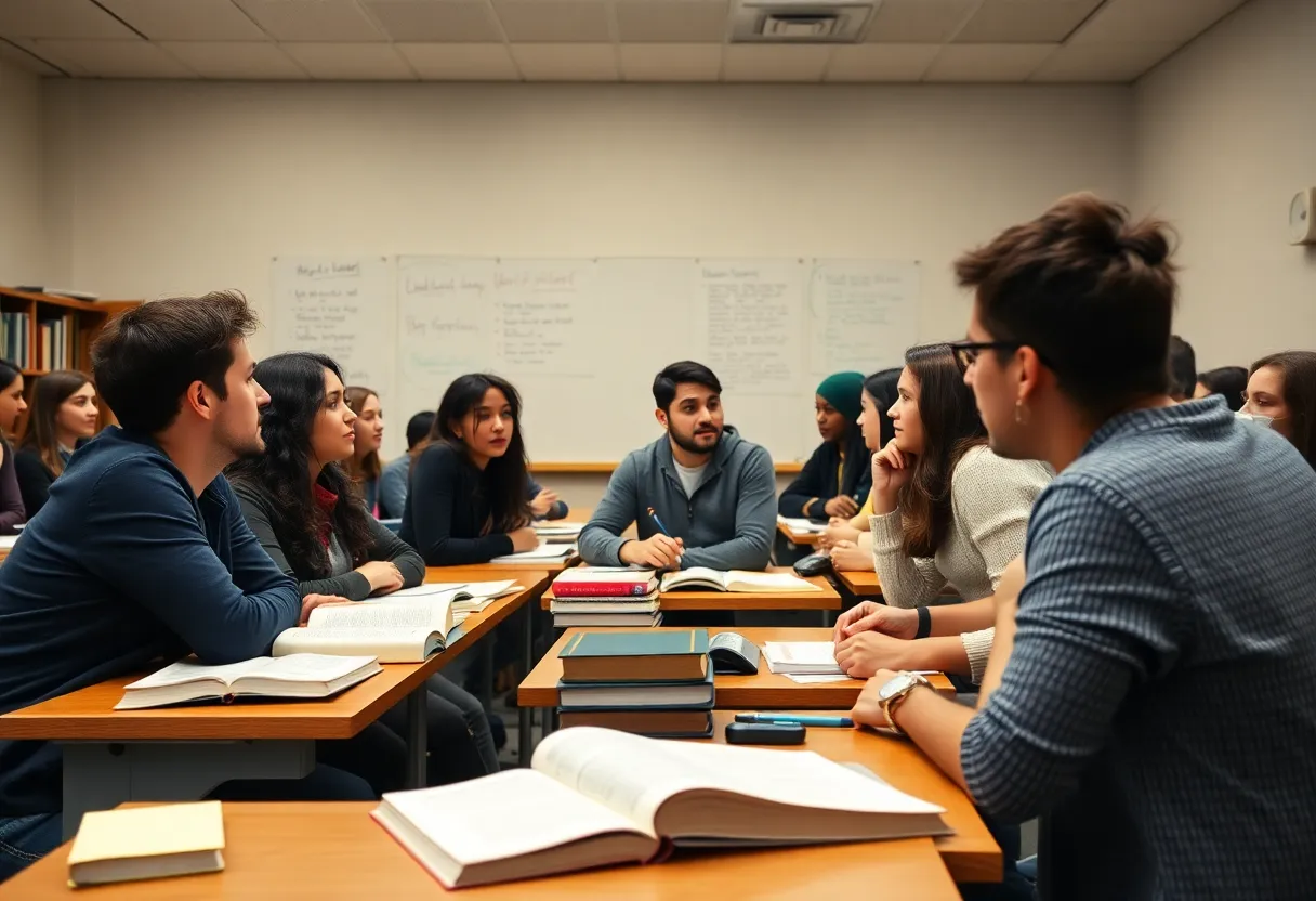 Students participating in a heated classroom debate about free speech