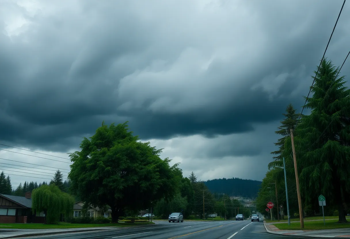 Storm clouds and heavy rain over Western Washington