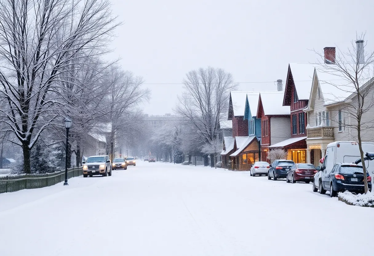 Snow-covered town during a winter storm in the Eastern U.S.