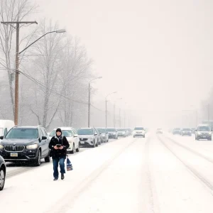 Snow-covered street in a northeastern city during Winter Storm Garnett