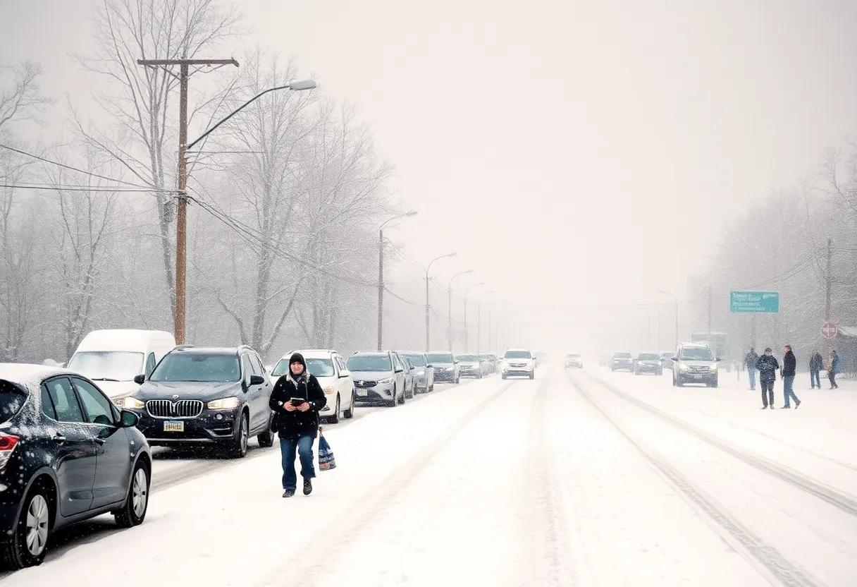 Snow-covered street in a northeastern city during Winter Storm Garnett